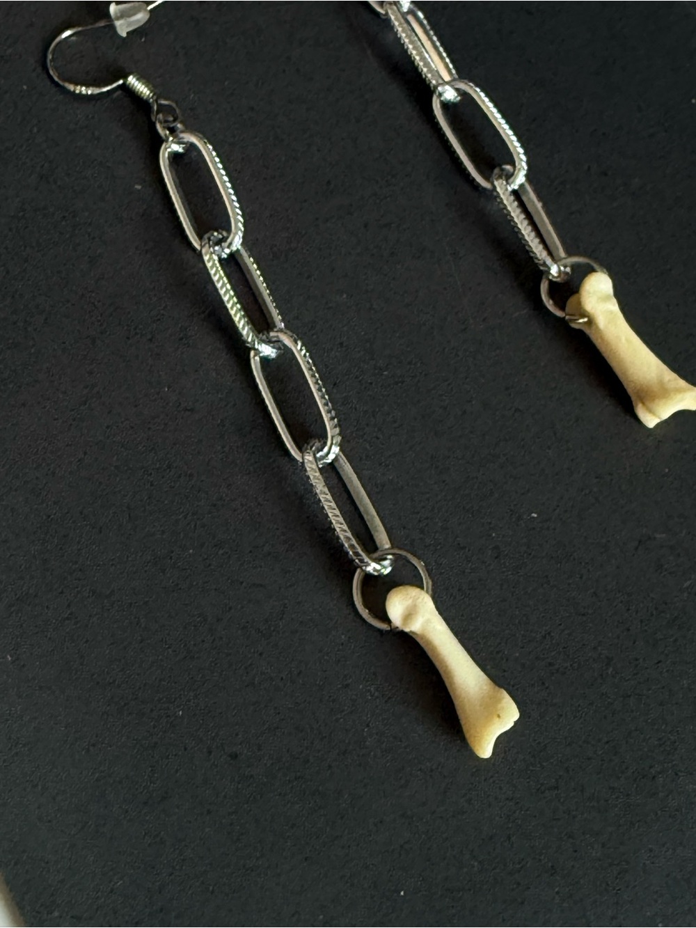 Long Silver Chain Drop Earrings with Bone Charm coyote foot bone oddities earrin - Picture 5 of 5
